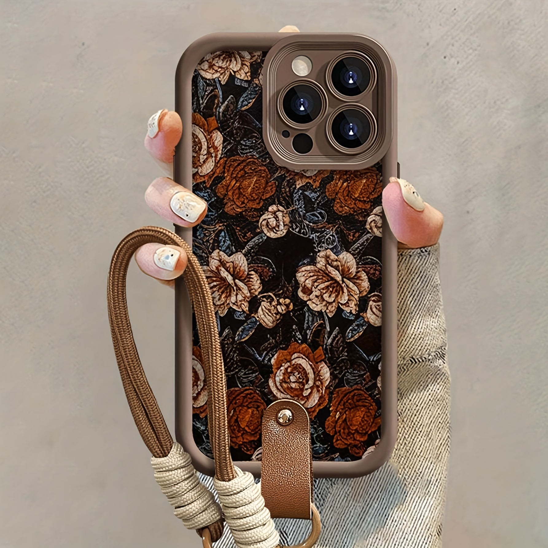 Vintage Flower with Hand Strap Brown Shockproof Frosted Full Cover Anti-Fall Mobile Phone Case Suitable for Apple 16PROMAX/16PLUS/16PRO/16/15PROMAX/15PLUS/15PRO/15/14PROMAX/14PLUS/14PRO/14/13PROMAX/13PRO/13/12PROMAX/12PRO/12